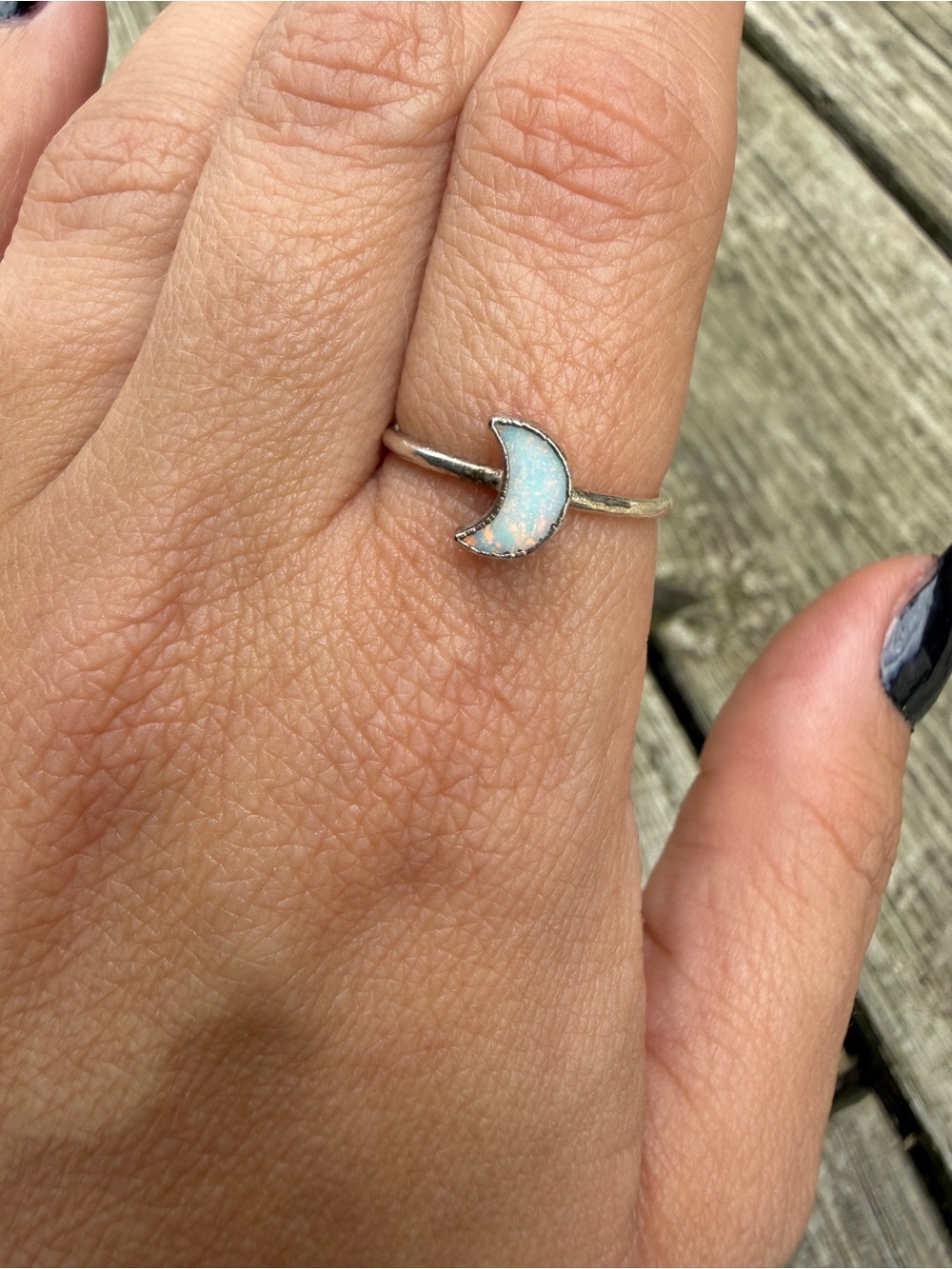 Six of Cups Sterling Silver White Opal Moon Ring size 8
